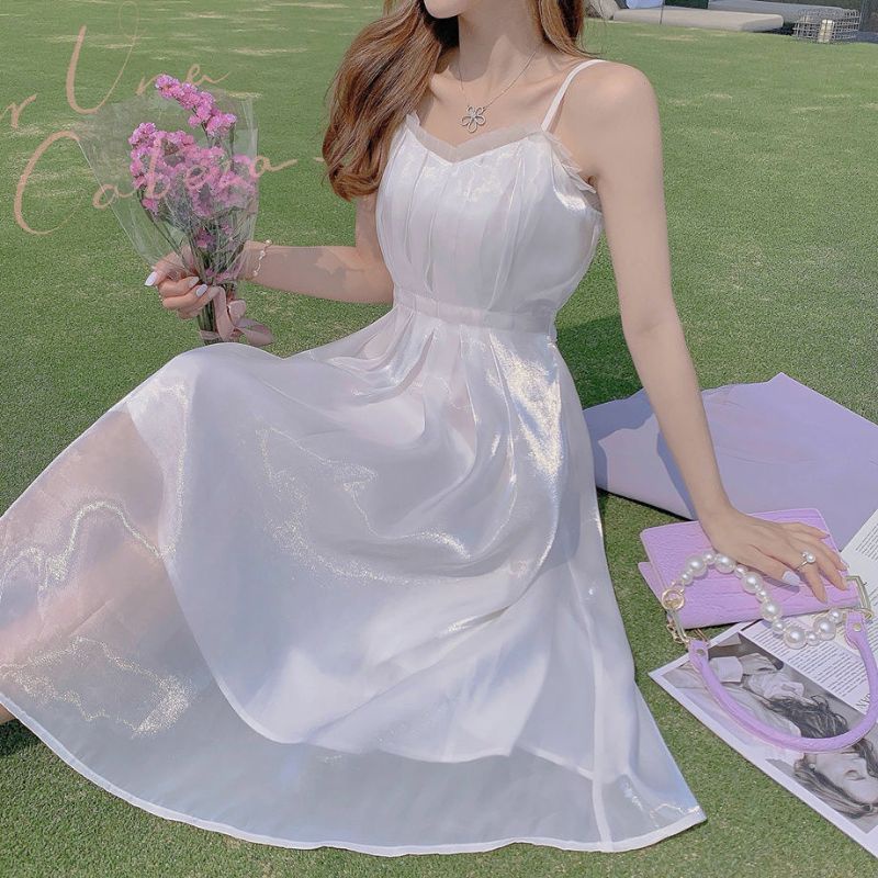 Đầm hai dây trắng dáng dài thắt nơ lưng Váy Chiffon tiểu thư sang trọng
