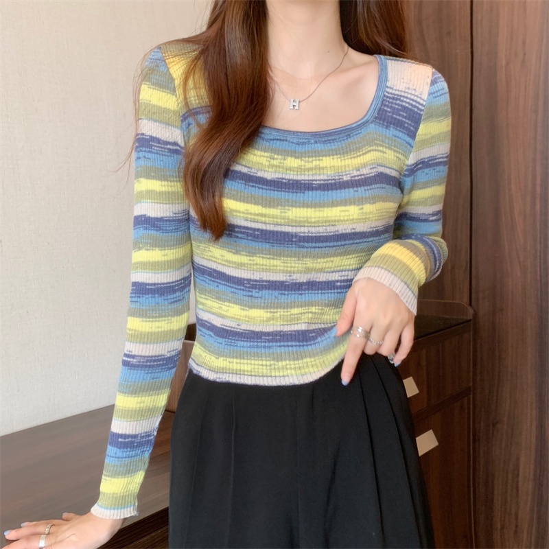 Áo kiểu ZHELIHANGFEI len dệt kim ôm dáng vừa vặn tay dài họa tiết kẻ sọc thời trang dành cho nữ