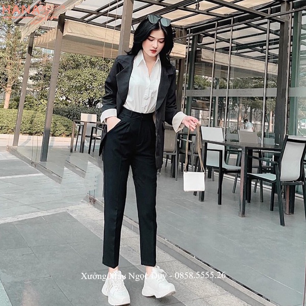 Quần tây nữ công sở lưng cao đi học dài ống đứng suông màu Đen Xanh Than kiểu quần vải nữ công sở cạp cao dày co giãn