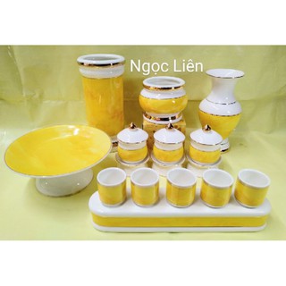 Set Bộ đồ thờ cúng vân đá vàng cho bàn thờ ngang 40cm-42cm