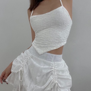 Áo thun croptop vạt chéo đan dây lưng