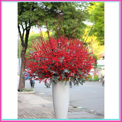 Hoa giả, cành đào đông đỏ cherry nổi bật trang trí nhà cửa, công ty sang trọng