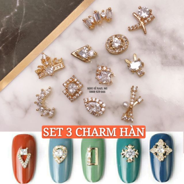 Set 3 viên charm Hàn Quốc cao cấp trang trí móng tay lấp lánh sang chảnh