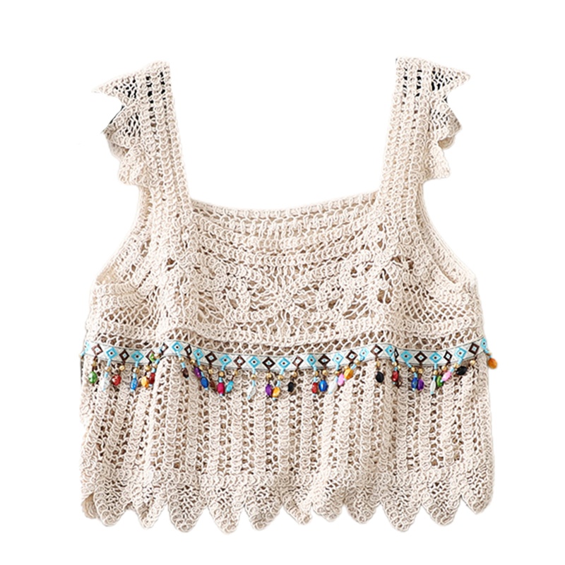 Xiangbao Áo Croptop Dệt Kim Không Tay Cổ Vuông Phối Bèo Và Hạt Pha Lê Nhiều Màu Phong Cách Boho Đi Biển
