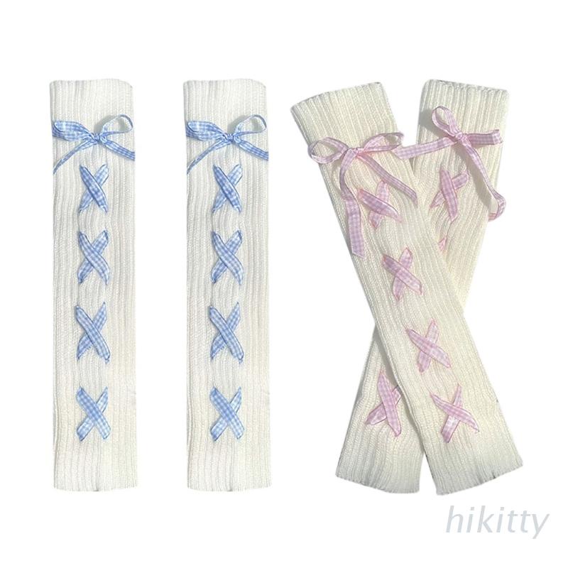 Vỏ bọc ống chân dệt kim giữ ấm đính nơ họa tiết sọc caro phong cách lolita dành cho nữ