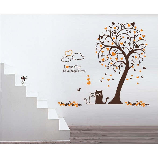 Decal trang triis tường Cây trái tim LOVE CAT