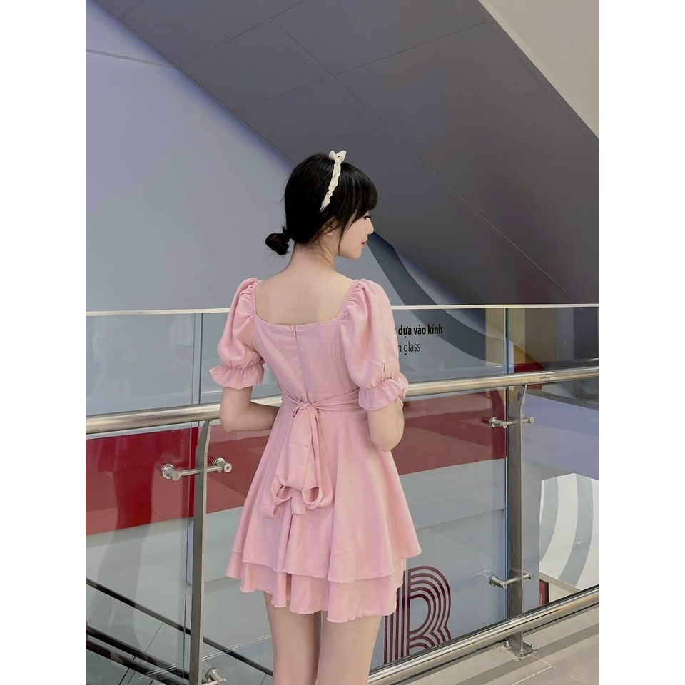 [FREESHIP] Jump ngắn xếp ly ngực cột nơ eo bèo tầng màu đen/hồng NÀNG CLOSET