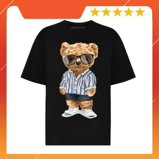 Áo phông in hình gấu đeo kính cực ngầu [FREESHIP] Áo unisex, áo phông nam nữ đen trắng from rộng, vải cotton xịn
