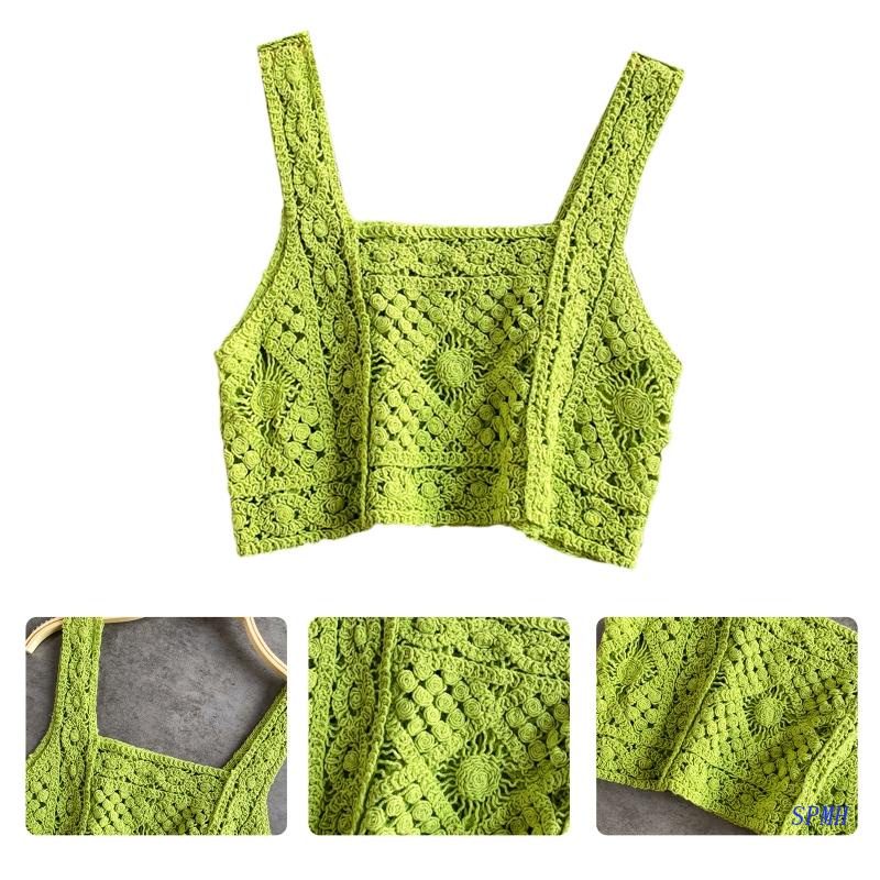 Áo Croptop Dệt Kim Không Tay Cổ Vuông Họa Tiết Hình Thoi Khoét Lỗ Phong Cách Dân Tộc Cho Nữ