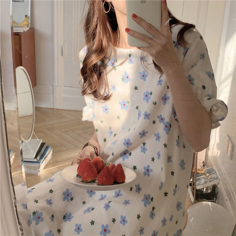 Đầm ngủ mặc nhà tay ngắn in họa tiết hoa phong cách Hàn Quốc thời trang cho nữ