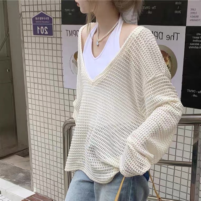 Set Áo lưới áo đan crochet dài tay thu đông dày dặn cổ V màu be phong cách Hàn quốc (có áo quây)