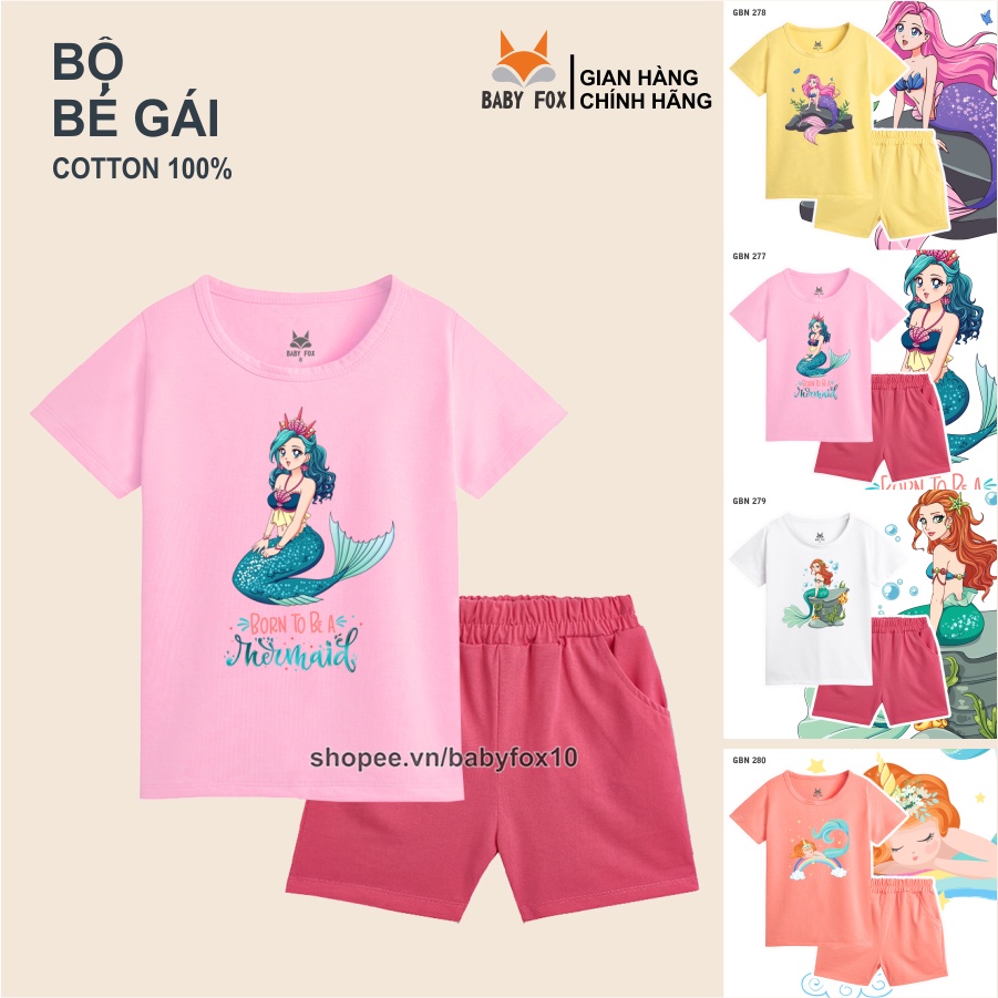 Bộ thun bé gái 100% cotton vải tốt, thương hiệu BABY FOX, in hình nàng tiên cá, size nhỏ, trung, đại c