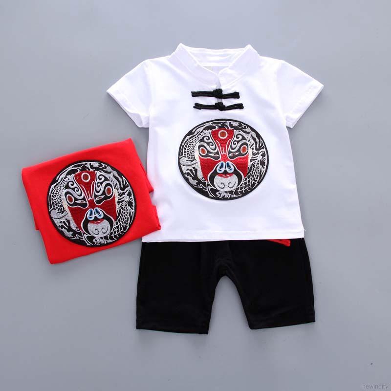 Set áo ngắn tay cổ trụ họa tiết phong cách Trung Hoa kèm quần cho bé