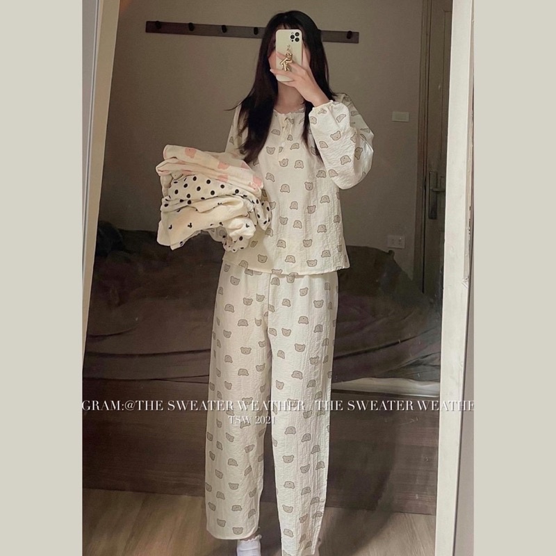BỘ PYJAMA CHẤT MUSLIN XÔ ĐŨI HÀN - Bộ mặc nhà dễ thương