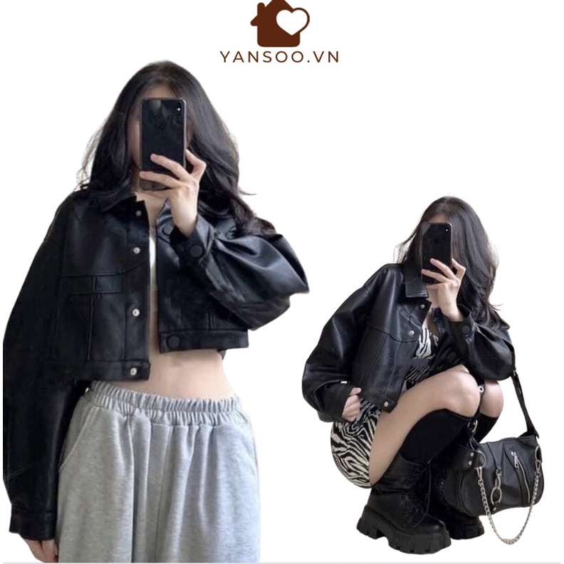 Áo khoác da croptop tay dai cá tính , áo khoác da nữ dáng ngắn yansoo.vn AK23