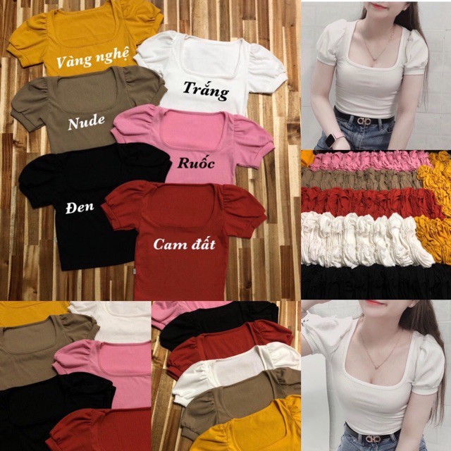 [Freeship 50k] Áo Thun Croptop Tay Phồng Cổ Vuông