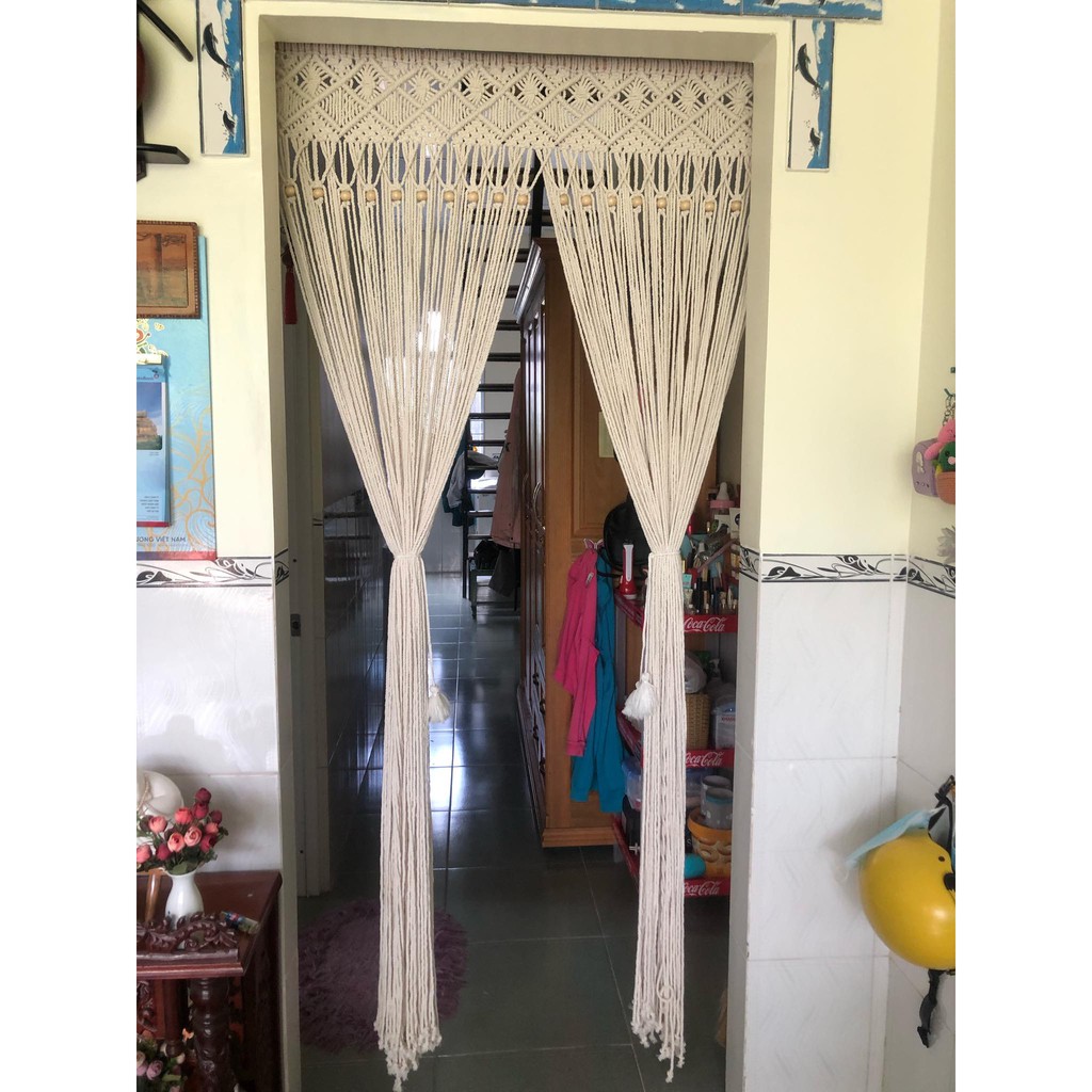 Rèm lối đi macrame, trang trí tường vuông vức ngang 1m2 x cao 1m7 gồm thanh gỗ tròn | Macrame wall hanging