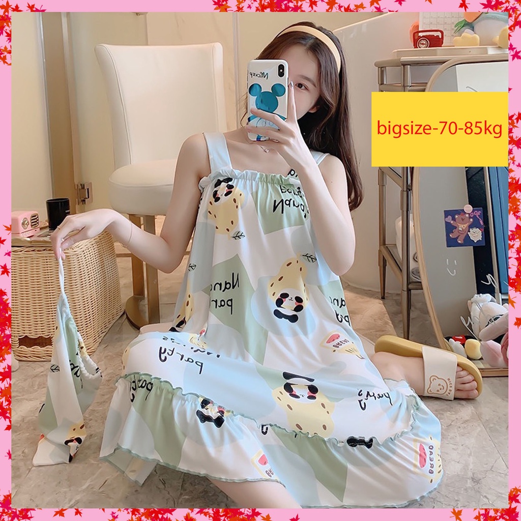 Đầm bầu -váy Mặc nhà -chất liệu - thun sữa - mềm - mát - mịn ( V 2 dây - BIGSIZE )