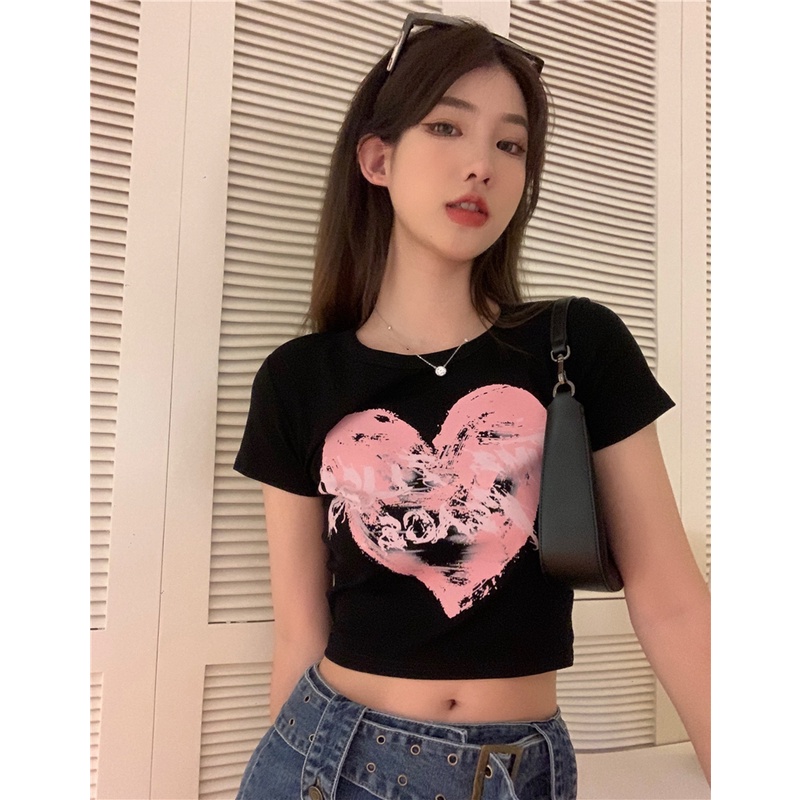 Áo Thun Tay Ngắn Dáng Ôm In Chữ Và Trái Tim Thời Trang Hàn Quốc Quyến Rũ Cho Nữ