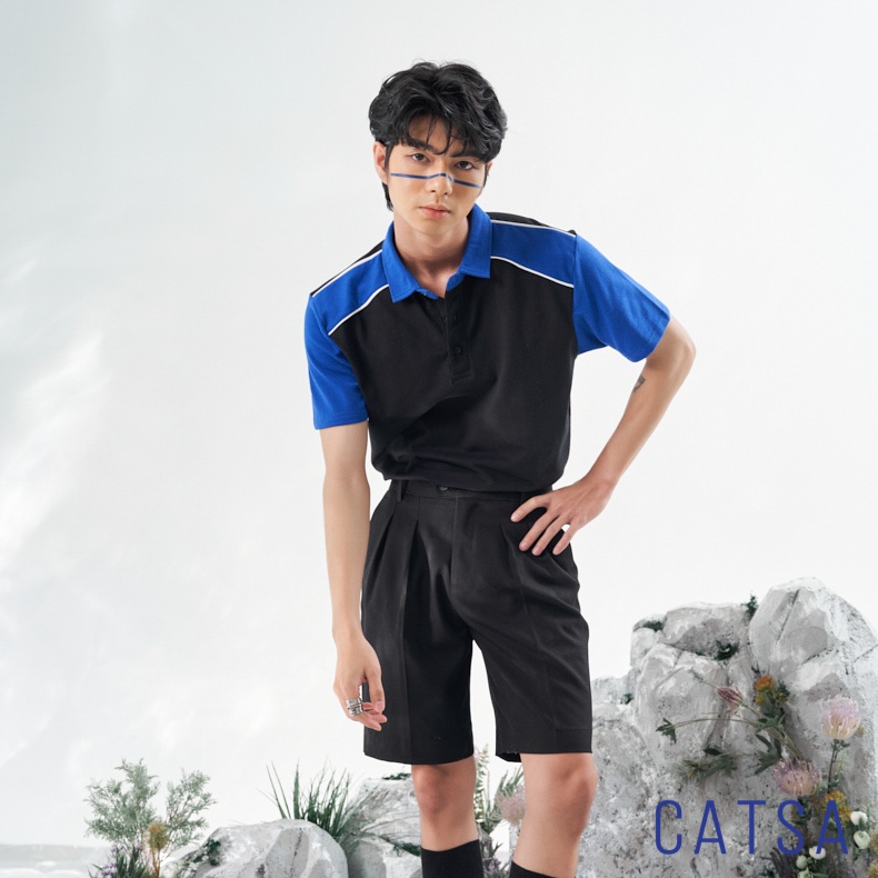 Áo thun nam POLO đen trơn phối xanh dương vải cotton cao cấp ngắn tay cực sang trọng CATSA ATP294