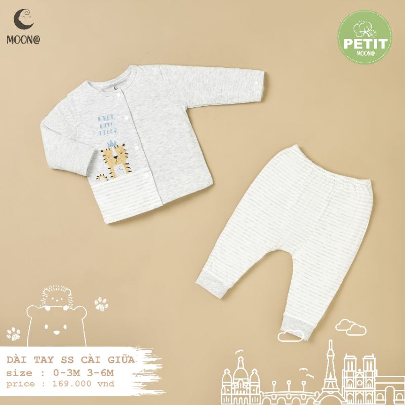 Moon -  Bộ cài chéo, cài giữa dài tay Moon vải petit siêu mềm mát cho bé sơ sinh 3-7kg