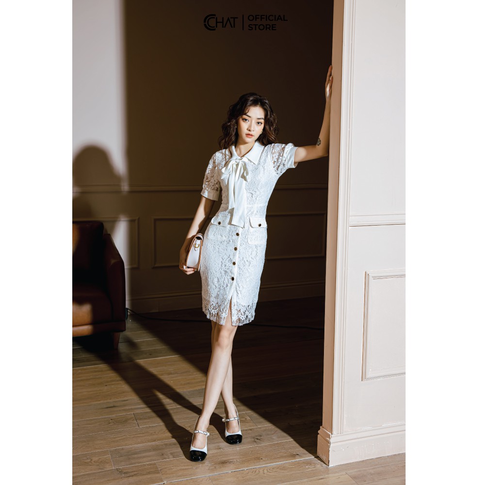 CCHAT Váy ren tay cộc nơ cổ | BigBuy360 - bigbuy360.vn