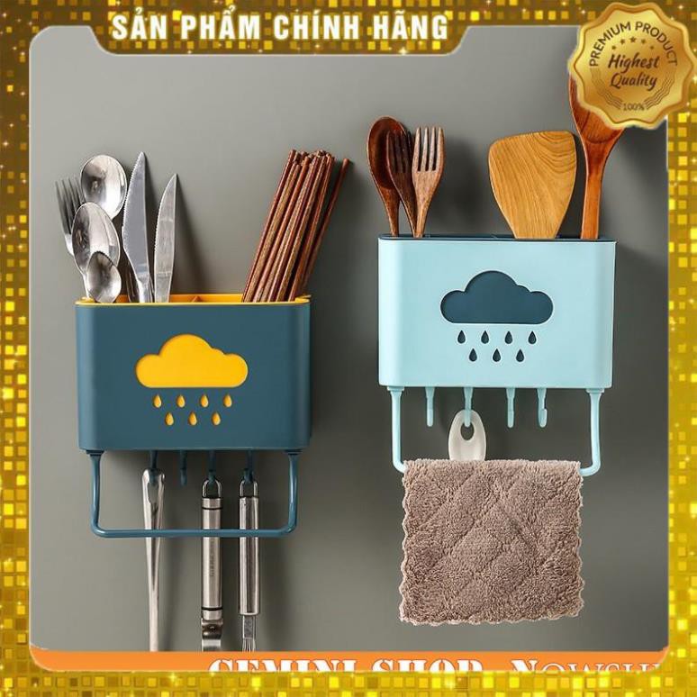 Kệ đựng đũa đẹp dán tường hình đám mây ống đũa dễ thương, cute có 4 móc và khay treo khăn F435 SunshineTOY