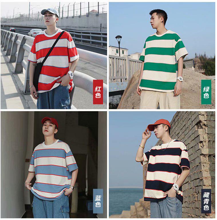 Áo Thun Cổ Tròn Tay Ngắn Dáng Rộng Họa Tiết Kẻ Sọc size Lớn M-8XL Thời Trang Cho Nam Và Nữ
