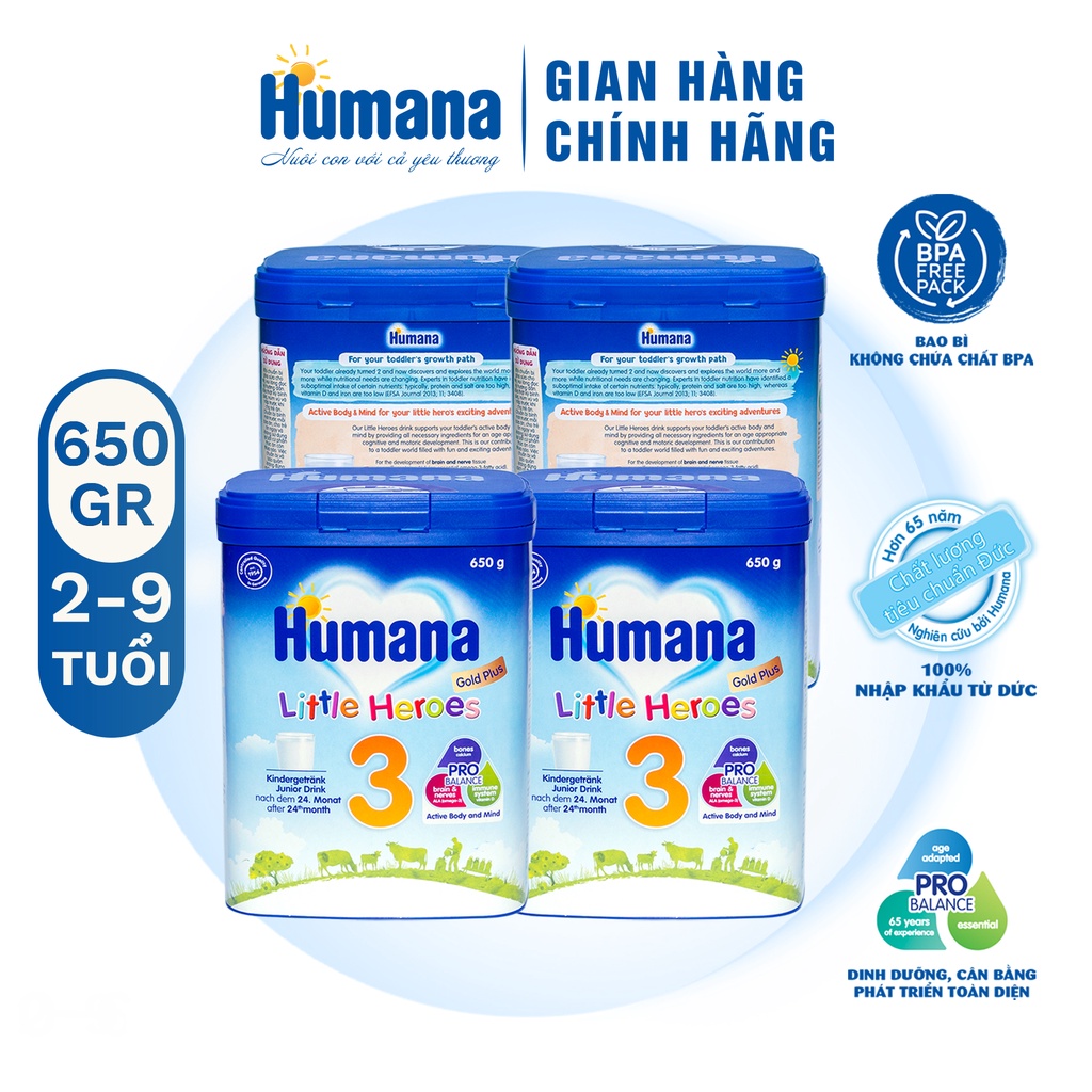 Combo 4 lon Sữa bột Humana gold plus 3 650g - Sữa công thức dành cho trẻ từ 2 đến 9 tuổi nhập khẩu từ Đức
