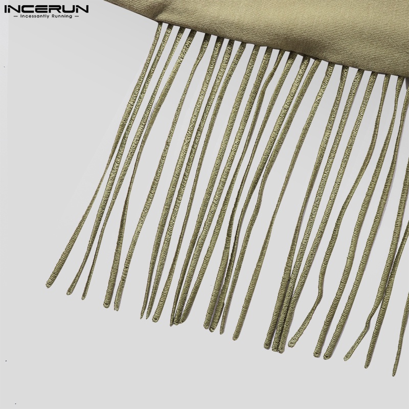 Áo thun tay ngắn INCERUN dáng rộng màu trơn phối tua rua thiết kế thời trang đơn giản cho nam