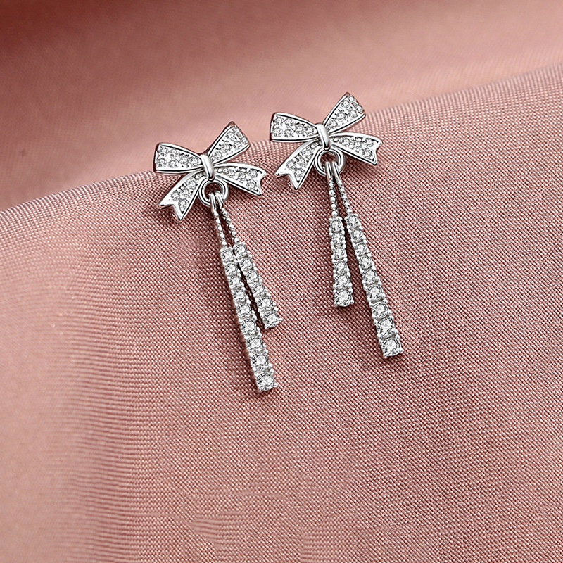 Bông Tai Mạ Bạc 925 Hình Nơ Tua Rua Đính Đá Zircon Thời Trang Phong Cách Hàn Quốc