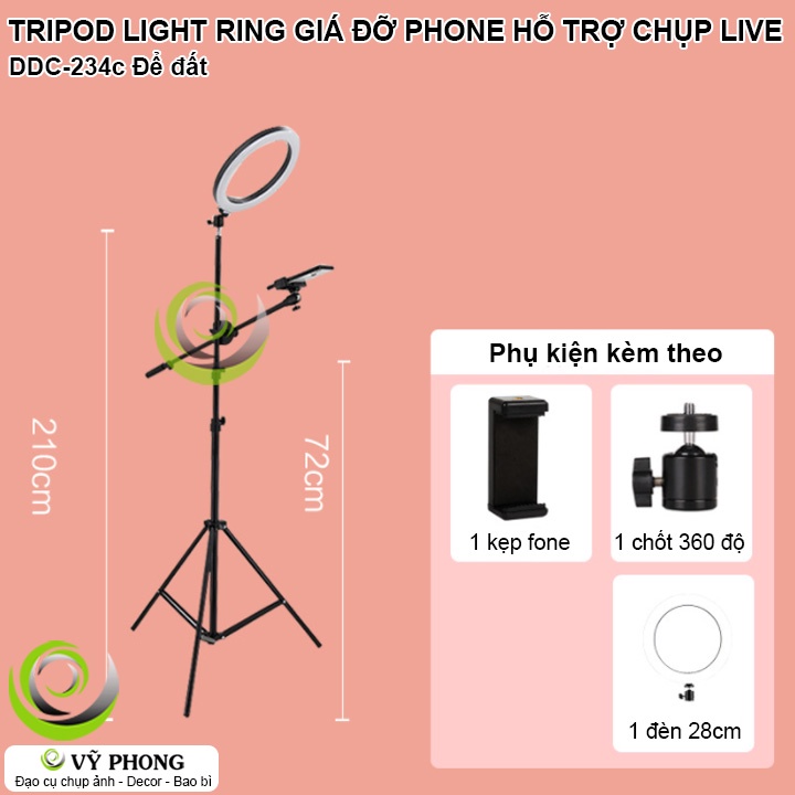 TRIPOD RING LIGHT CHÂN ĐẾ GẮN ĐIỆN THOẠI 360 ĐỘ GIÁ ĐỠ CHỤP ẢNH GÓC THẲNG ĐỨNG CÓ ĐÈN VIỀN TRÒN SÁNG 3 MÀU DDC-234