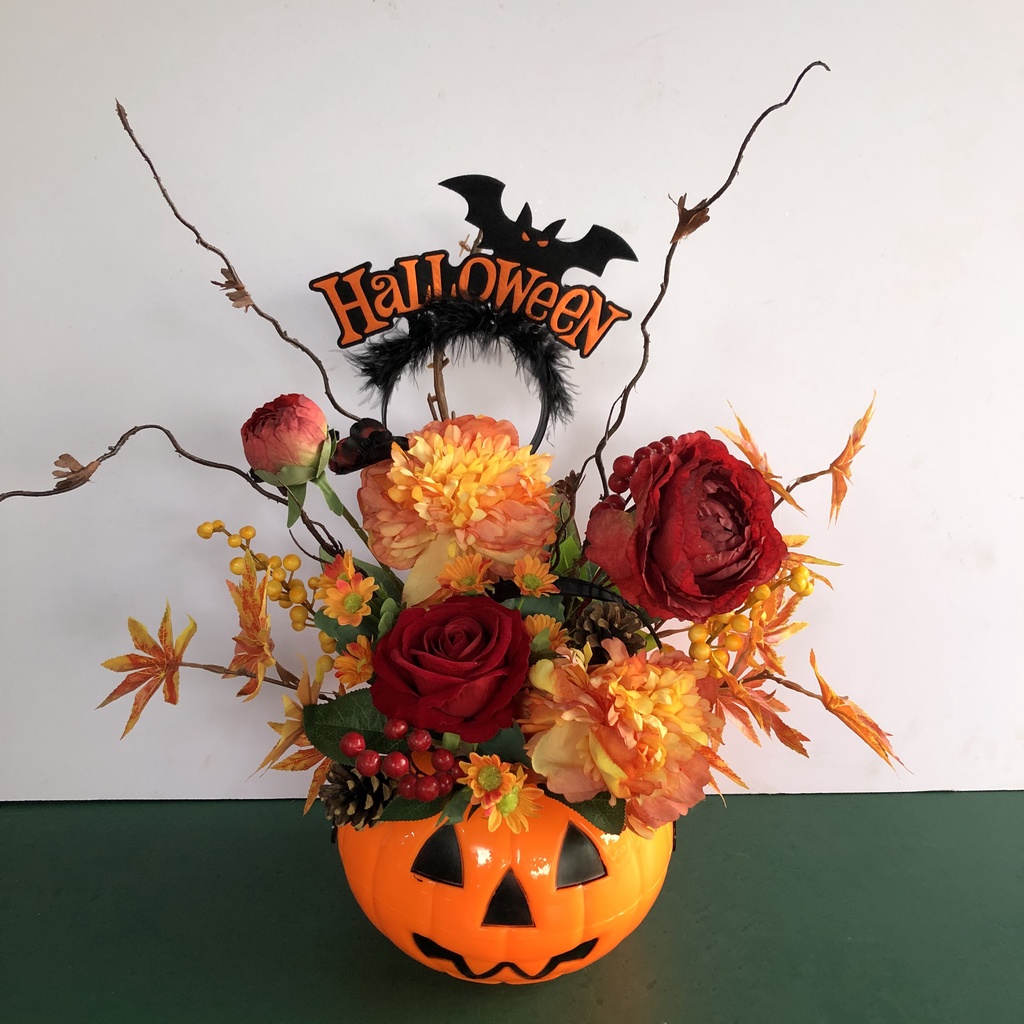 Bình hoa bí ngô decor trang trí Halloween nhiều loại hoa lụa cao cấp