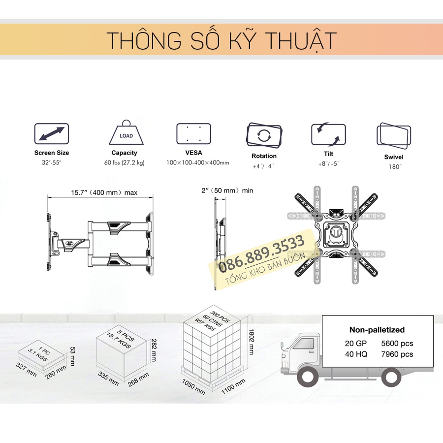 Giá Treo Tivi Xoay Góc NB P4 32 - 55 Inch - Giá Treo Tivi Đa Năng P4 - Thiết Kế Nhỏ Gọn - Chính hãng NorthBayou