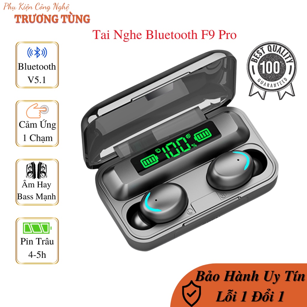 Tai nghe bluetooth không dây F9 pro có micro dock sạc 2000 mah nhét tai chống ồn cảm biến 1 chạm