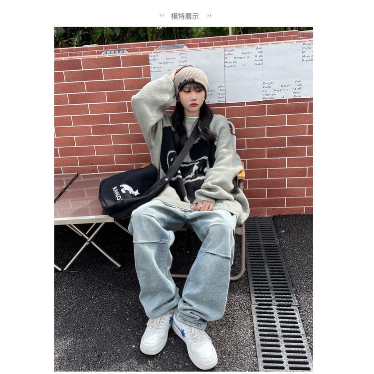 Áo sweater tay dài dáng rộng in hình trái tim phong cách đường phố kiểu Mỹ cá tính