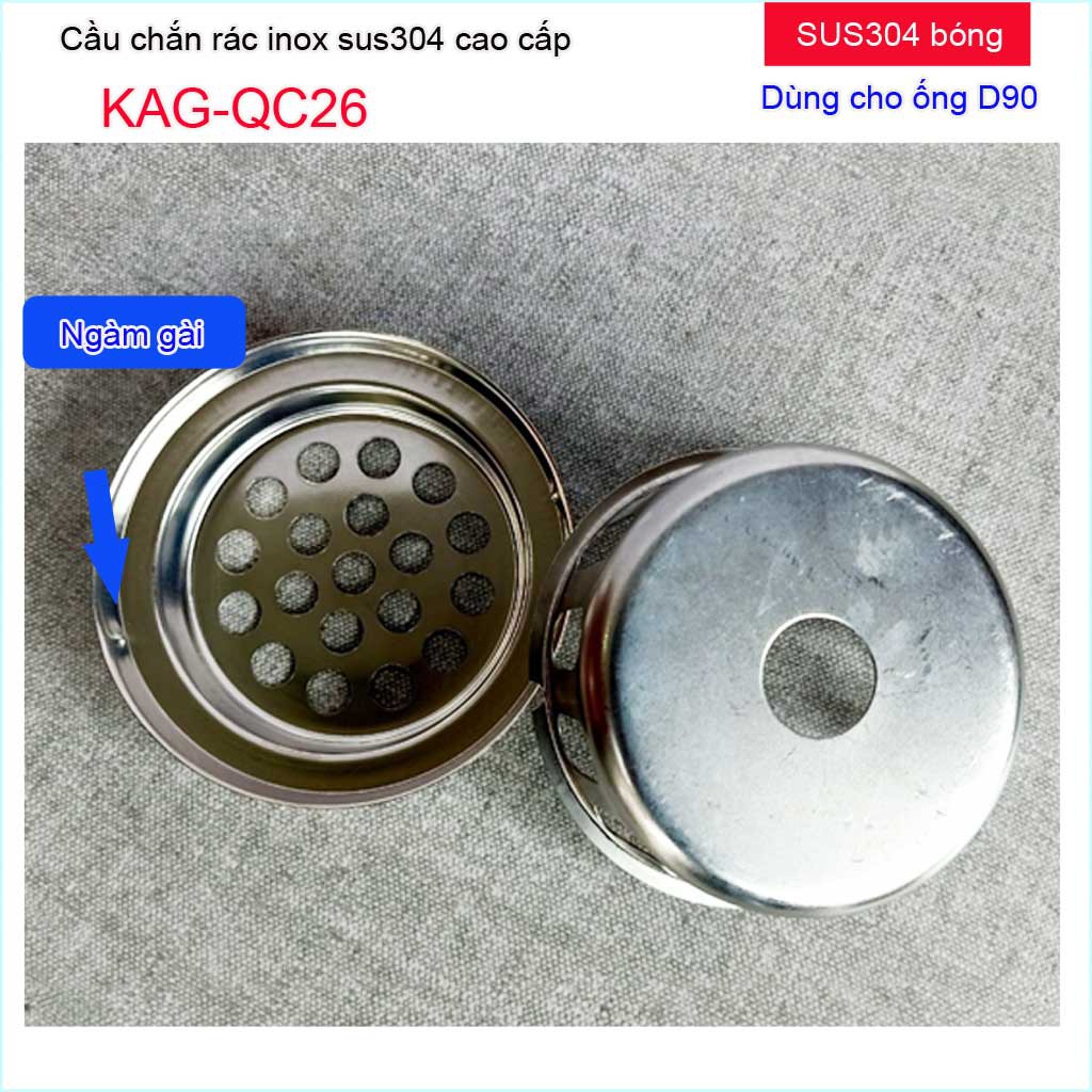 Cầu chắn rác sân thượng KAG-QC26 inox SUS304, cầu chặn rác đặt miệng ống D90, cầu thoát nước mưa thoát nước nhanh