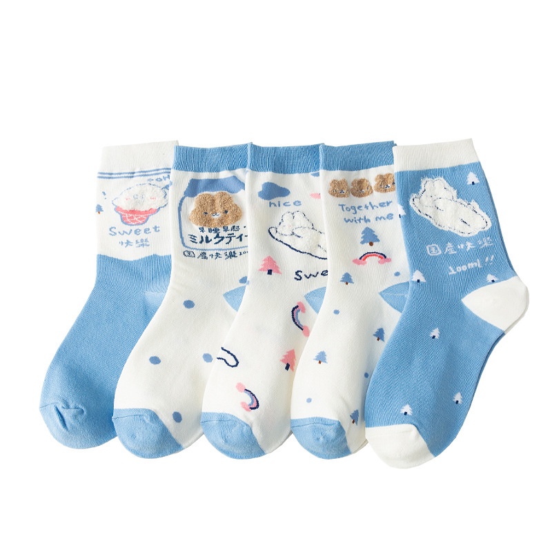 Tất Nữ Cao Cổ Màu Xanh Trắng Dễ Thương, Chất Liệu Vải Hàn Co Giãn Thoáng Khí