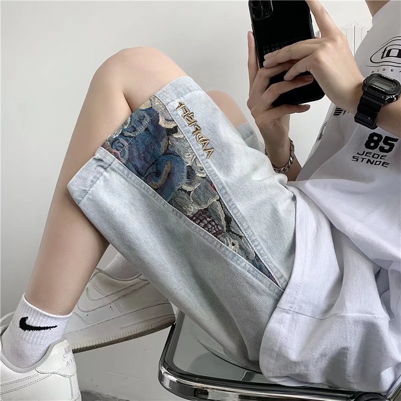 Quần Short Denim Ống Rộng Phối Dây Rút In Họa Tiết Thời Trang Dành Cho Nam