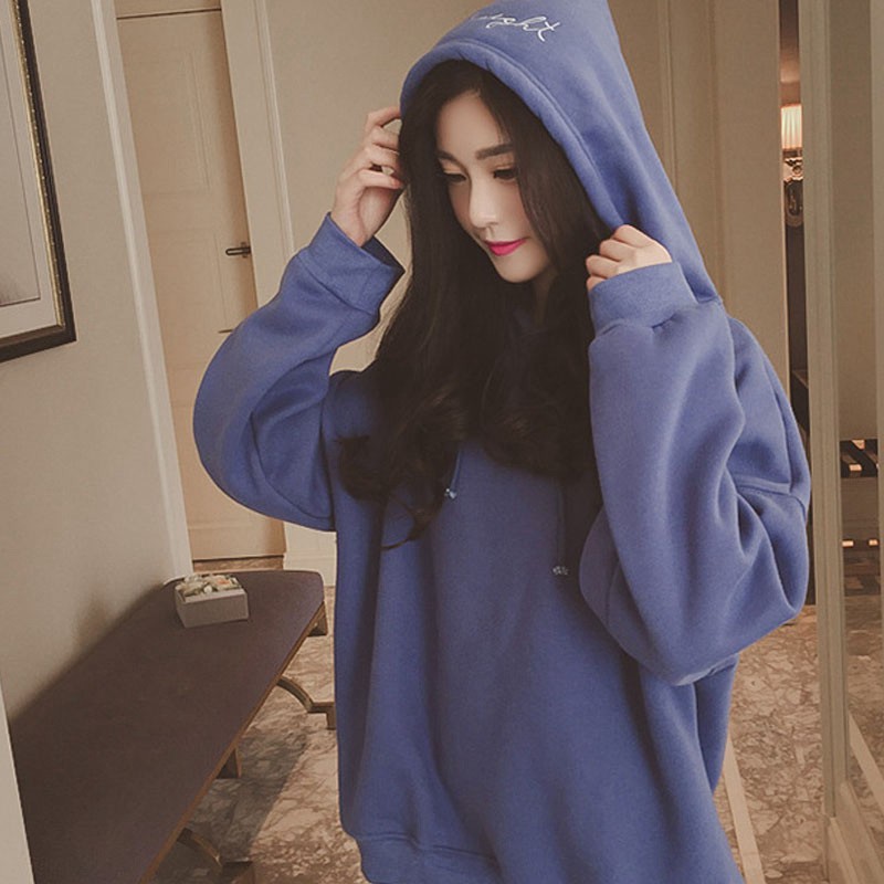 Áo Hoodies nữ tay dài màu trơn thiết kế dáng rộng thoải mái và thời trang