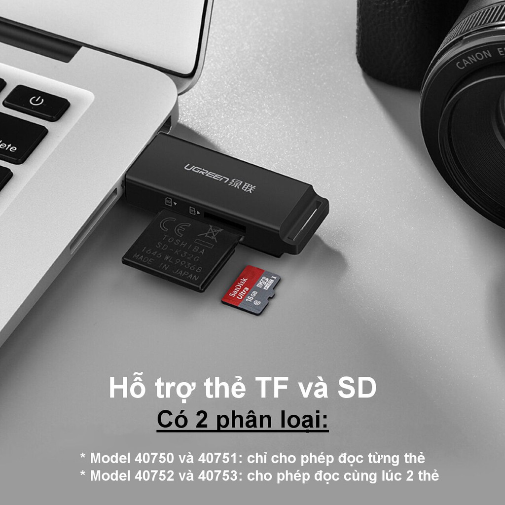 Đầu đọc thẻ nhớ SD/TF jack cắm USB 3.0 UGREEN CM104 - Hàng phân phối chính hãng - Bảo hành 18 tháng