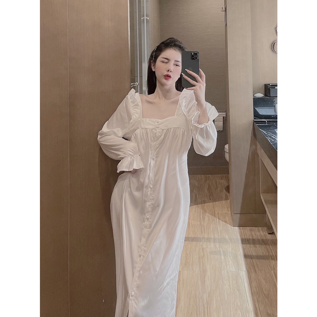 Đầm Ngủ Sexy lụa latin tiểu thư baby doll cổ U, nút bộc xịn xò- DN 107
