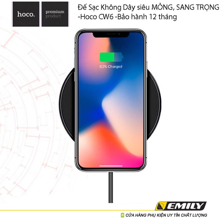 Đế Sạc Không Dây siêu MỎNG, SANG TRỌNG -Hoco CW6 -Bảo hành 12 tháng