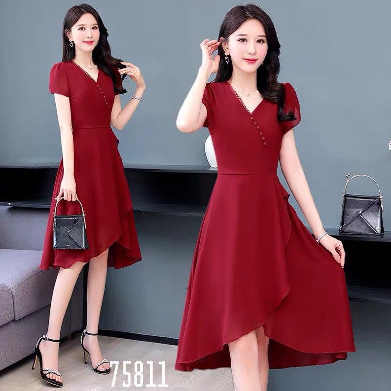 Đầm voan chiffon cổ V dáng xoè tiểu thư