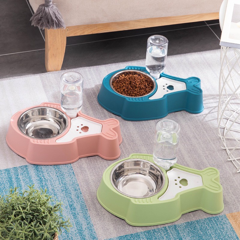 Bát ăn cho mèo - Bát ăn cho chó ruột Inox kèm bình nước tự động