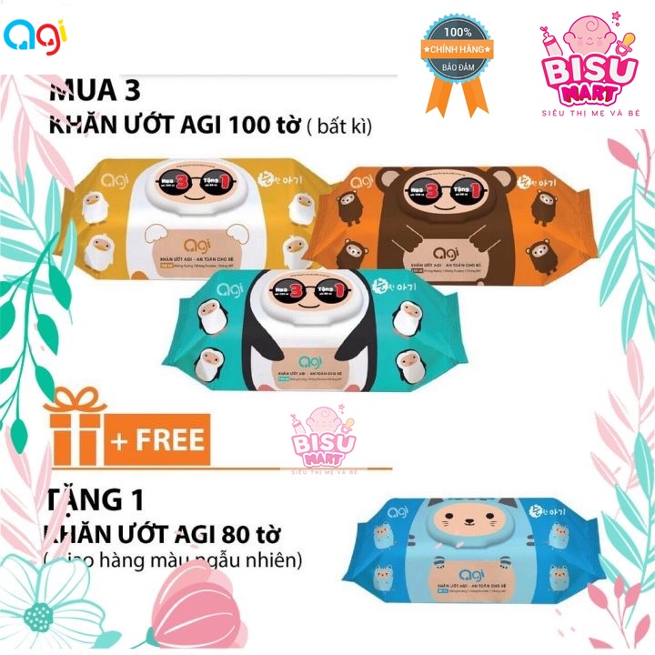 Combo 3 gói khăn ướt Agi 100 tờ không mùi tặng 1 gói khăn Agi 80 tờ