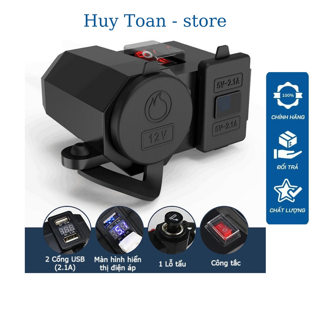 Sạc điện thoại gắn trên xe máy 3in1 sạc nhanh 2.1A có lỗ tẩu và màn hình hiển thị điện áp chống nước