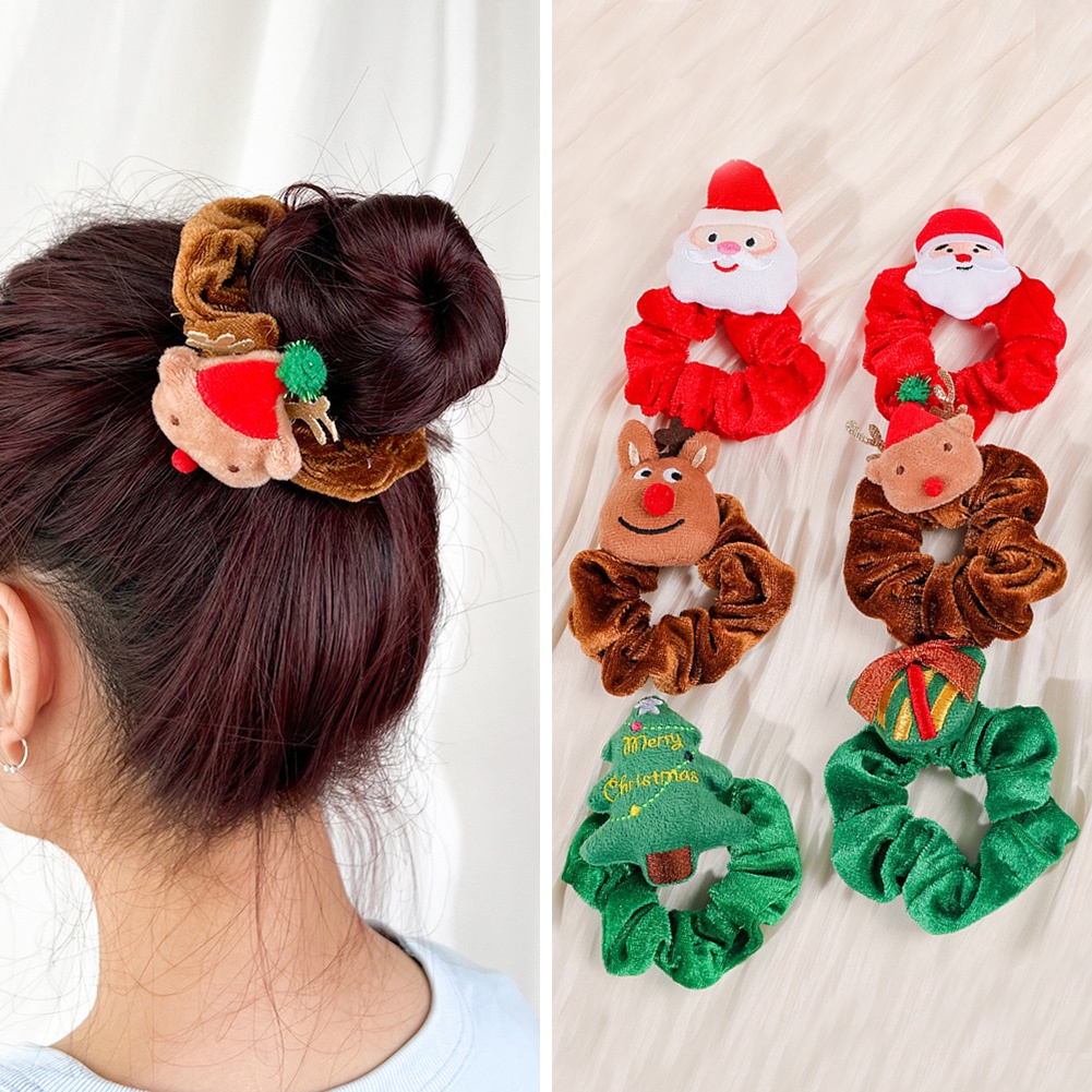 Dây Cột Tóc Phối Lông Co Giãn Đính Nơ Phong Cách Giáng Sinh Cho Nữ