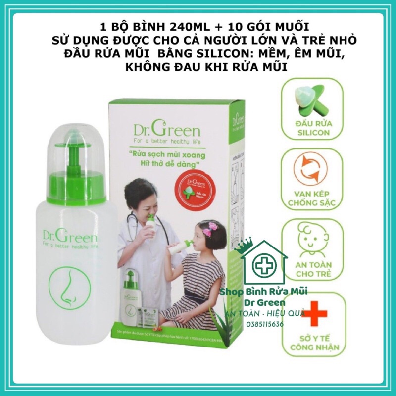 Bình rửa mũi Dr Green + 10 gói muối rửa mũi (có video)