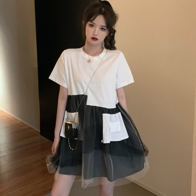Đầm Thun Tay Ngắn Phối Ren Lưới Thời Trang Mùa Hè Dành Cho Nữ